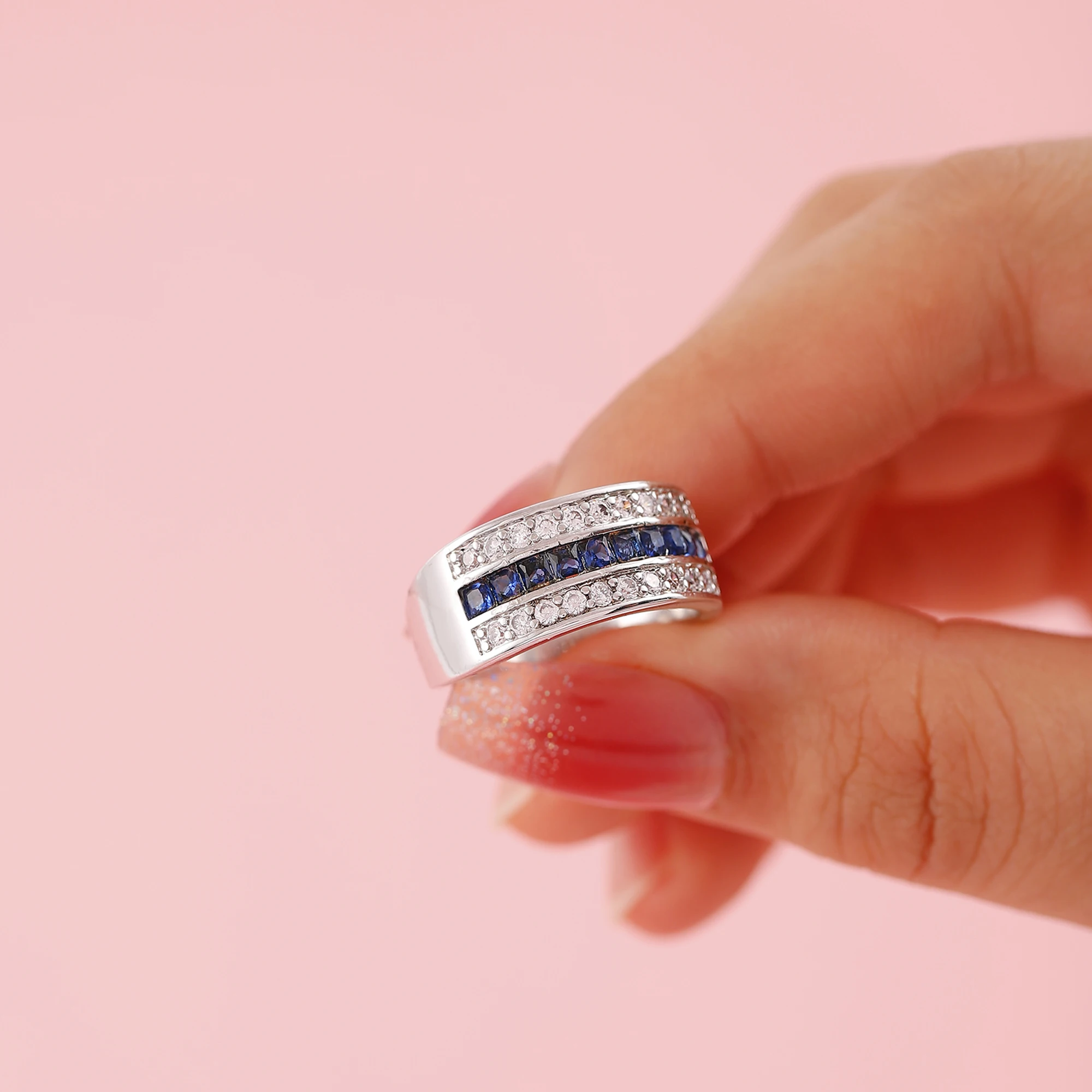 

Simple Wide Three Row Zircon Blue Silver Plated Ring Women'S Jewelry Gift