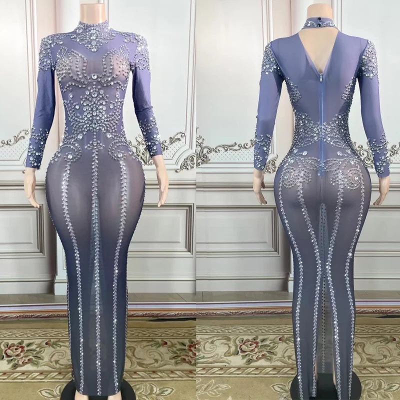 

Sexy Mesh Rhinestones Long Dress Birthday Celebrate Costume Jazz Clothes Rave Outfit Stage Catwalk Party Evening Dresses XS4879