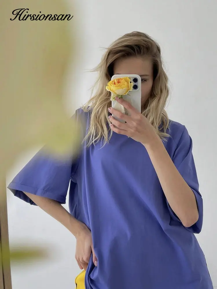 

Hirsionsan 100% Cotton T Shirt Women 2023 Summer New Oversized Solid Tees Casual Basic Loose Tshirt Chic O Neck Female Tops