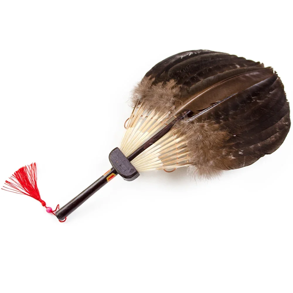 

Tassel Wood Handle Craft Zhuge Liang Feathers Fan Kong Ming Woven Plumes Fan Ancient China Style Crafts Fan Handmade Feather Fan