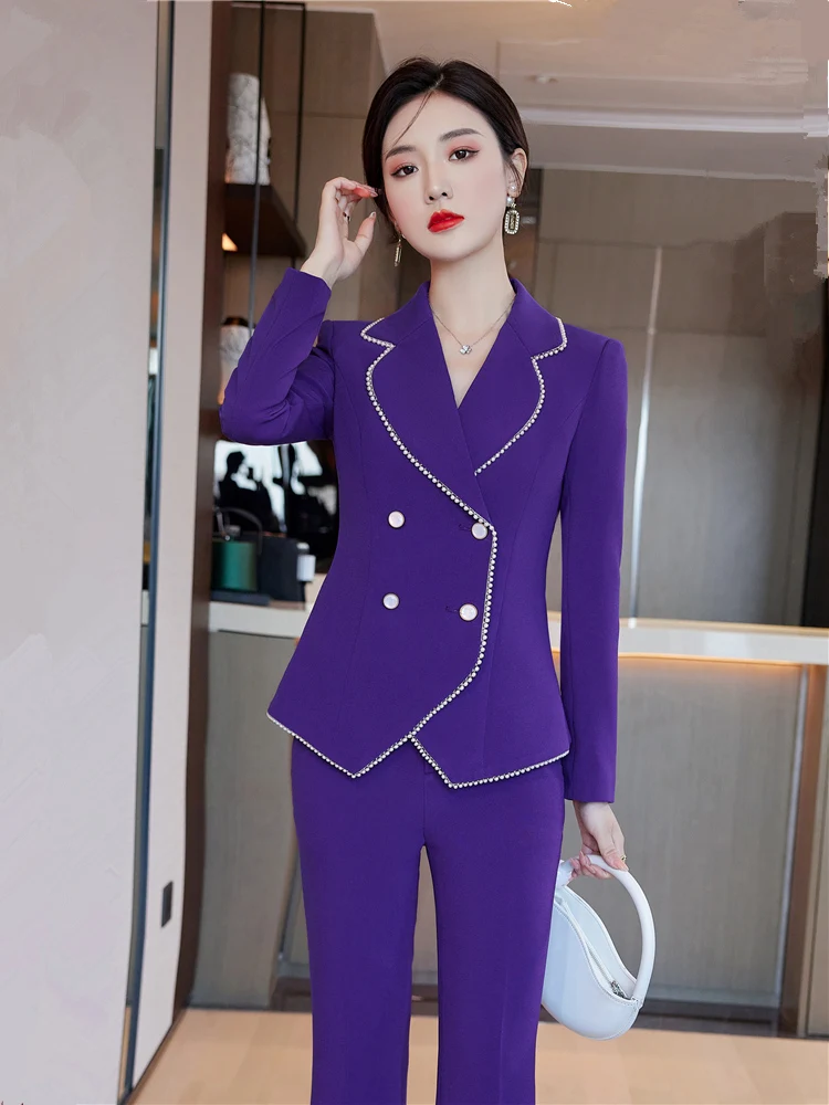 Women Fashion Blazer Pantsuit Office Suit Formal Blazers Ladies Work Wear Jackets Coat Slim Purple Nail Bead Blazer Black Tops