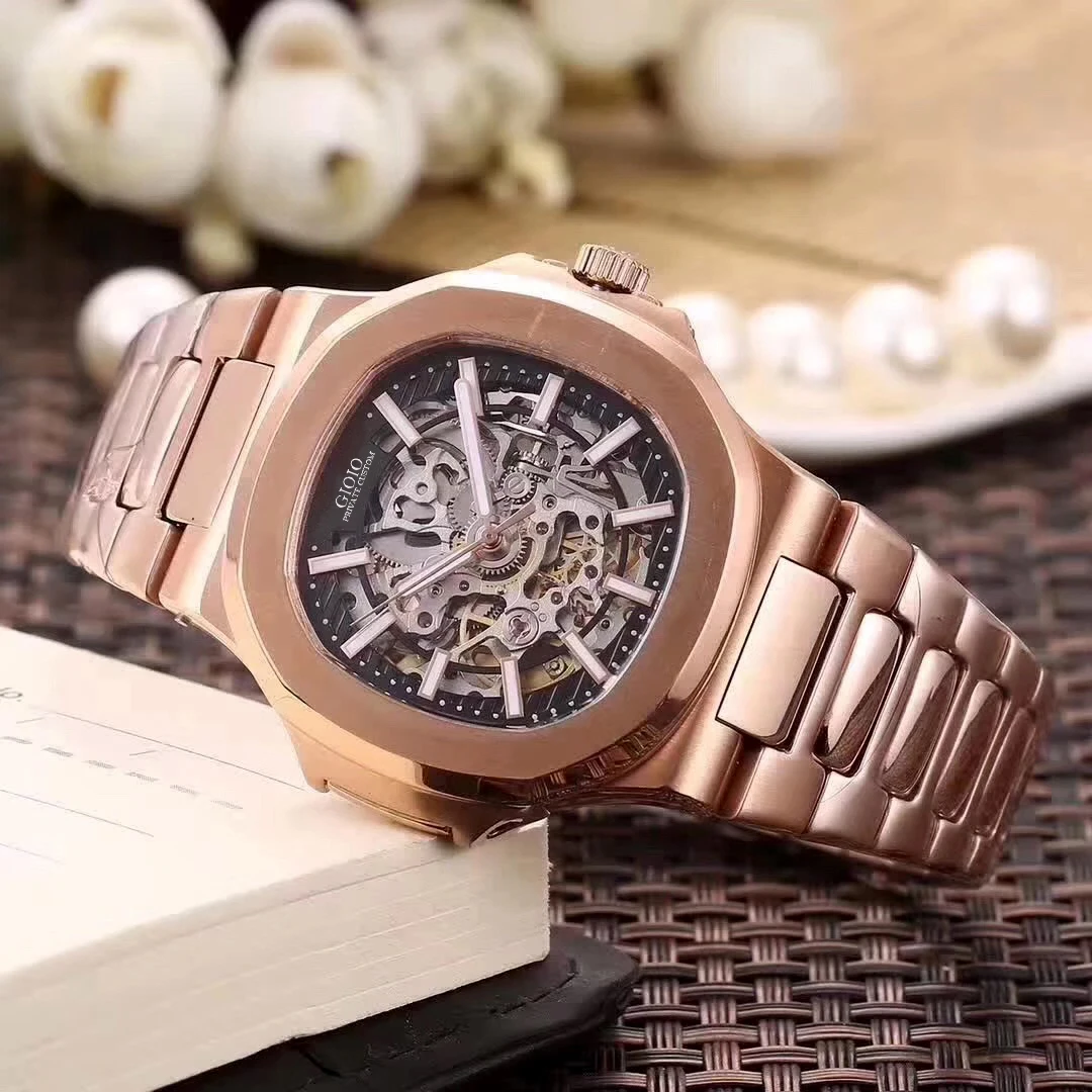 

Luxury Mens Automatic Mechanical Watch Rose Gold Silver Black Skeleton Sapphire Transparent Tourbillion