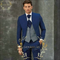 szmanlizi 2022 tailor made costume homme navy blue stand collar men suits tuxedo groom wear 3 pieces party wedding suits for men