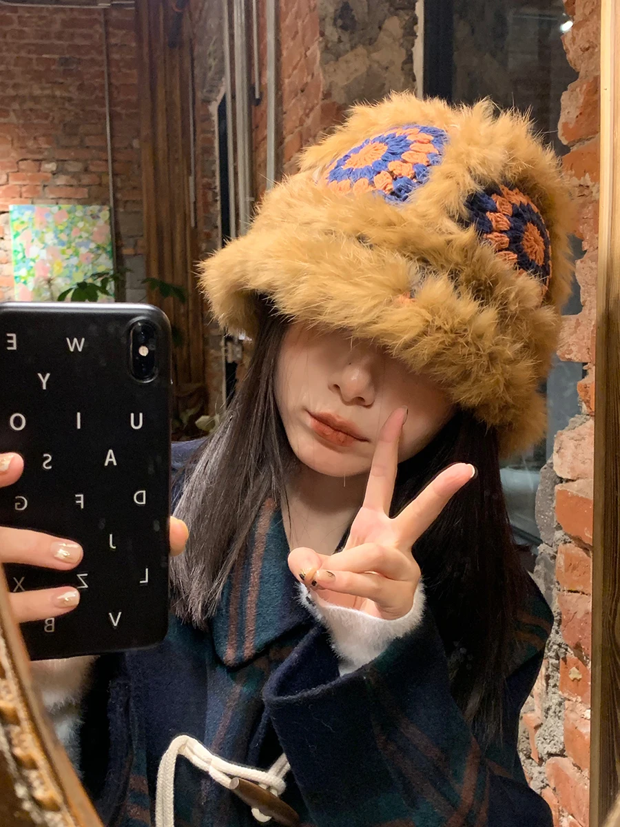 

Imitation Rabbit Hair Hat Female Handmade Plush Knitted Tiger Head Fisherman Hat Autumn and Winter Cute Lion Hat Show Face Small