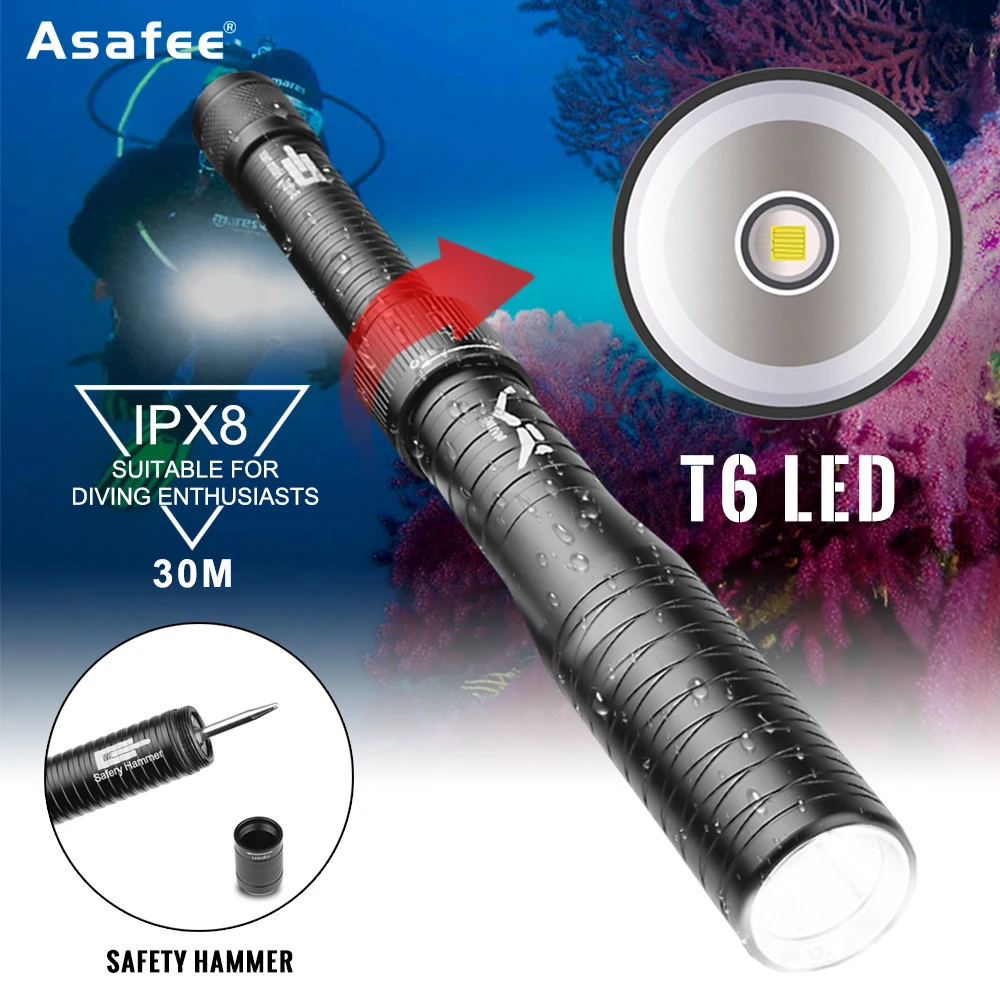 

Asafee D92 Super Powerful LED Flashlight T6 Diving Flashlight Waterproof Light Underwater 30m Scuba Torch Diver Light Lanterna