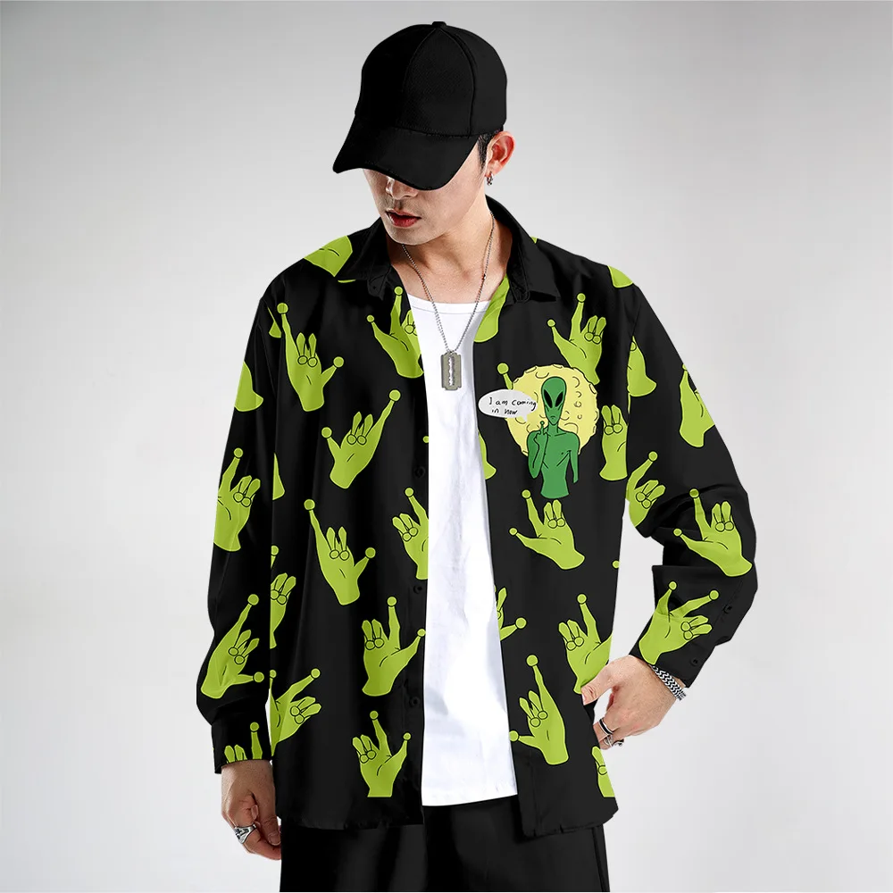 

Autumn Trendy Alien Digital Print Long Sleeve Shirt for Men Personality Loose Casual Shirt Harajuku Streetwear Plus Size 6XL