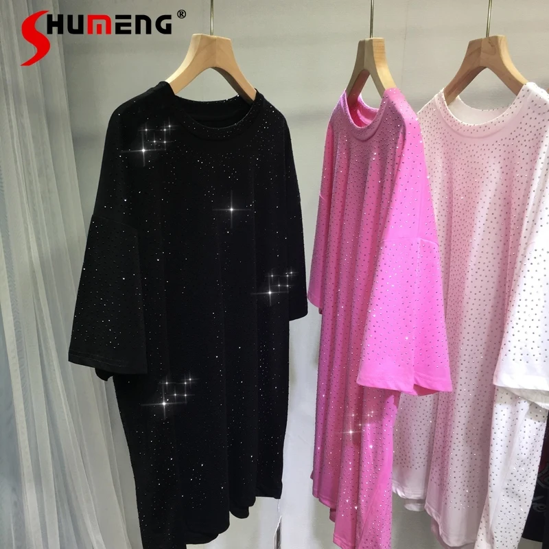 

Hot Drilled T-shirt Women's Round Neck Loose Mid-Length Simple Summer Cotton Top Slimming Tee Fashion Pullovers