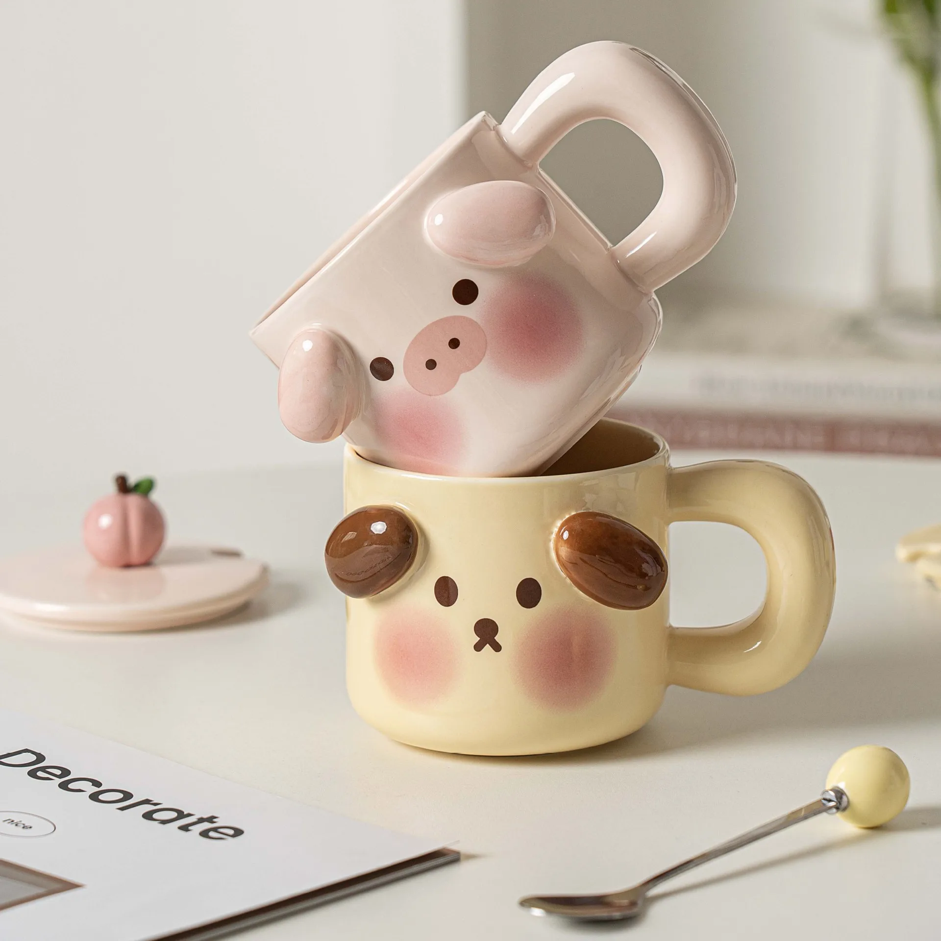 

INS Creative Cute Cartoon Animal Ceramic Coffee Cup with Lid Spoon Home Breakfast Milk Cup Water Cup Girl Cup Couple Mugs