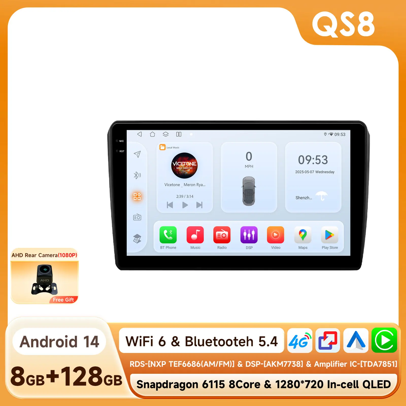 64G 4G-LTE Carplay AutoRadio 2 Din Android 14 Автомобильная стереосистема с экраном GPS для Audi RS3 Sportback A3 8P S3 2003-2012 Мультимедиа BT