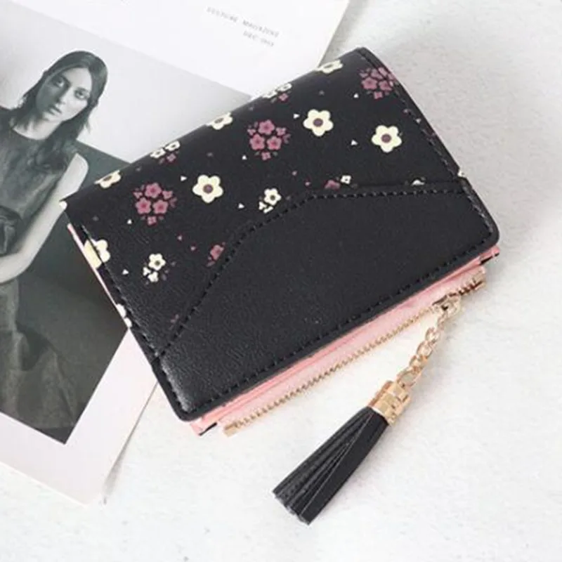 

Женский кошелек с цветочным принтом, маленький кошелек на молнии для девушек, сумка для хранения, два складных кошелька из искусственной ко...