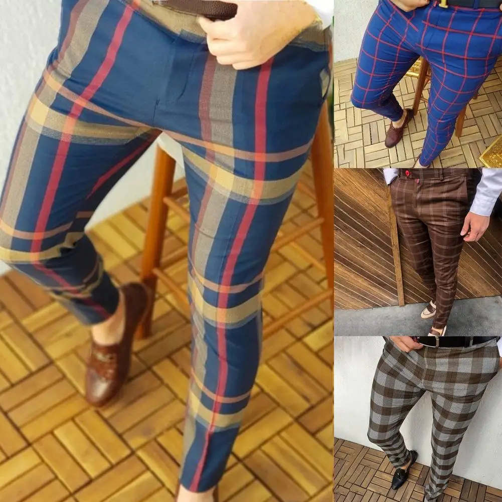 

Men Suit Pants Plaid Slim Fit Mid Waist Formal Comfortable Close-fitting Spring Trousers Pencil Pants for Work