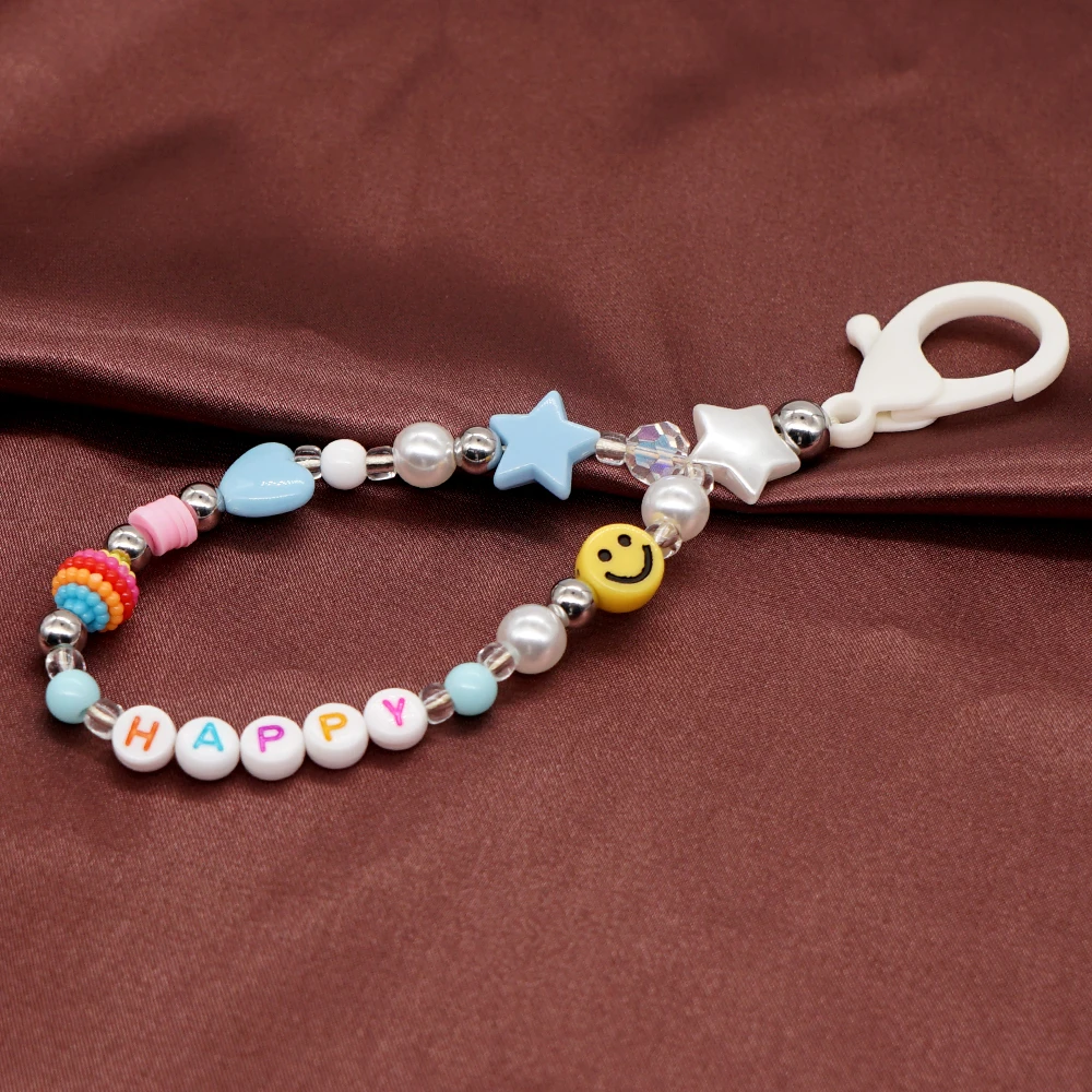 

Shinus Beaded Jewellery Cute Smiley Keychains Happy Lettering Keyring Fashion Jewelry Star Heart Key Chain FOB Ring for Women