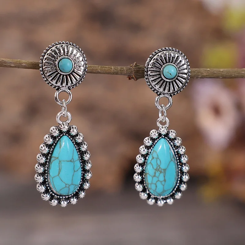 

Ethnic Water Droplet Inlaid with Blue Stones Drop Earrings for Women Vintage Silver Color Metal Carving Flower Dangle Earrings