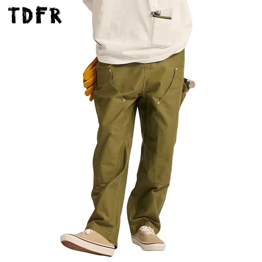 

Double Knee Carpenter Pant Mens Solid Color Safari Style Loose Wide Leg Distressed Cargo Pants Men Trousers