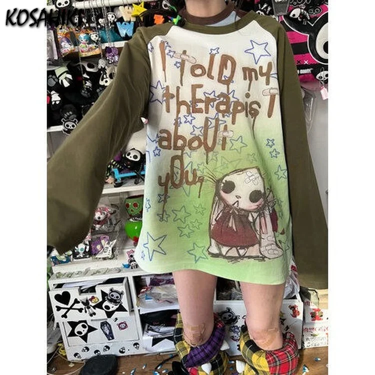 

Y2k Gothic Loose Aesthetic Long Sleeve T-shirt Women Punk Letter Tie Dye Cartoon Print Graphic T Shirt Couple Fairy Grunge Tee