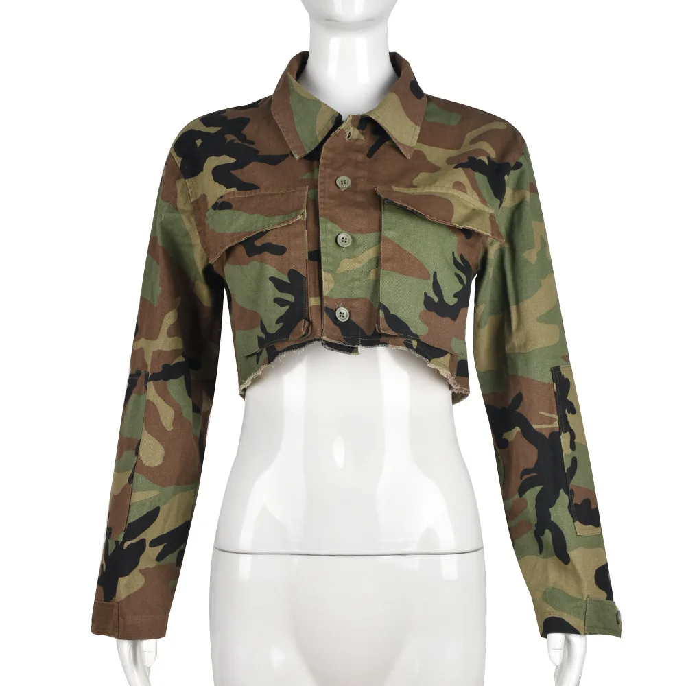 

2023 Women Camo Cut Out Buttoned Denim Jacket with Long Sleeves and Crop Top - Streetwear Fashion with Pockets