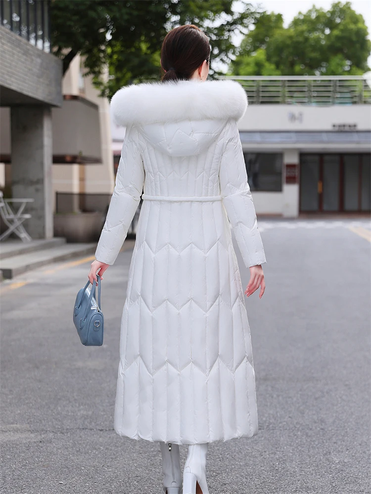 New Women Dress-style Down Coat Winter Fashion Real Fox Fur Collar Lengthened Thicken Down Jacket Detachable Hooded Overcoat