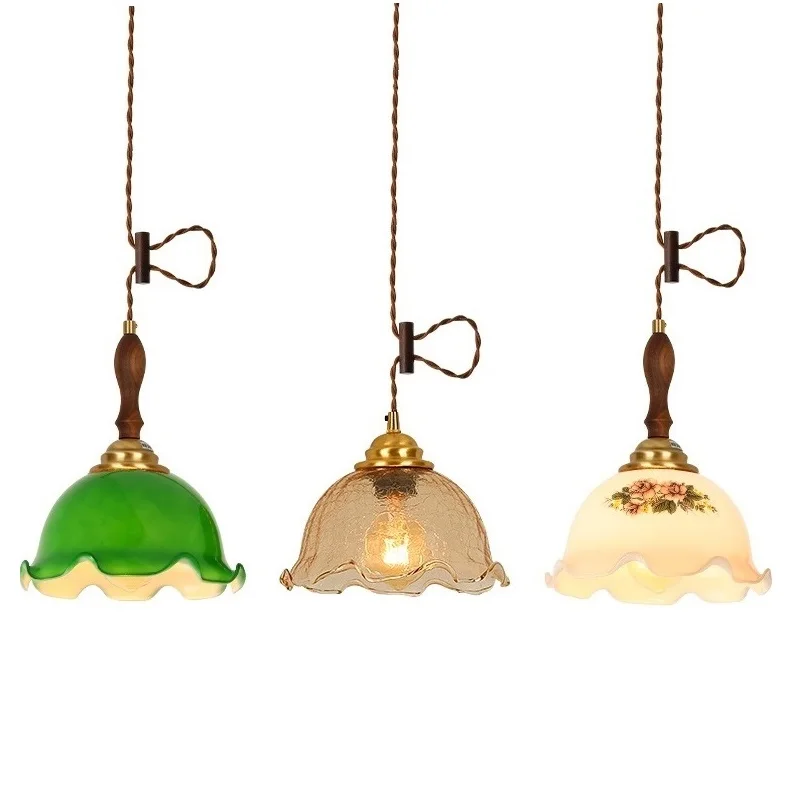 IWHD Vintage Cracked Glass Hanglamp Copper Wooden Hanging Lamp Home Indoor Lighting Bedroom Living Room Modern Pendant Light LED
