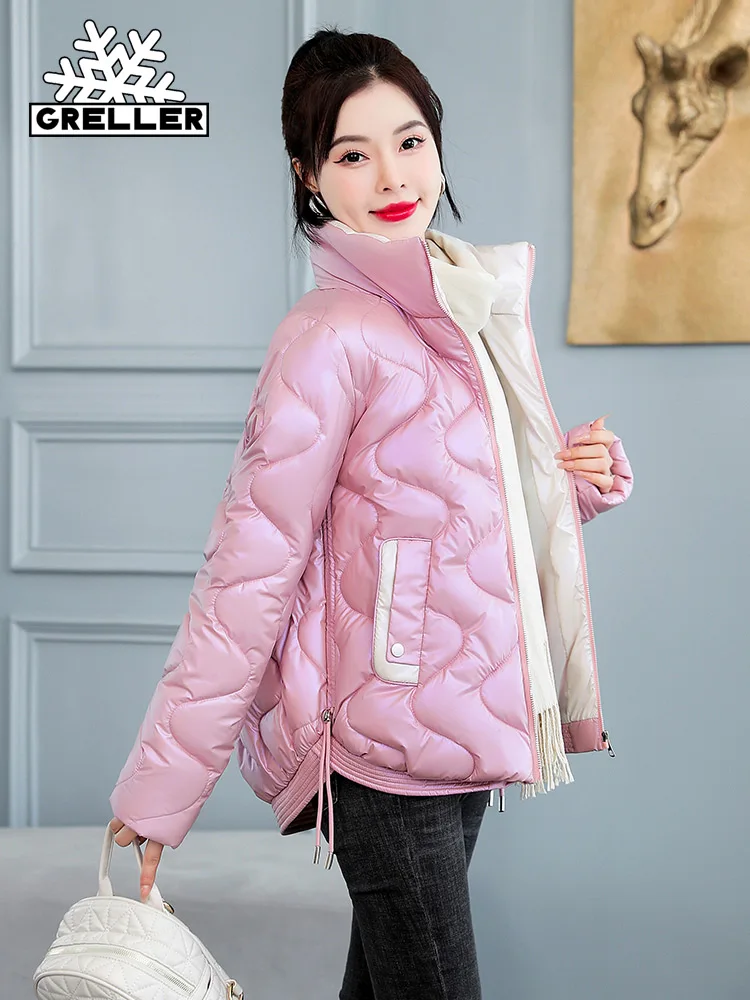 GRELLER 2022 New Women Short Jacket Winter Thick Cotton Padded Coats Female Shiny Stitched Puffer Parkas Ladies Slim Winter Coat