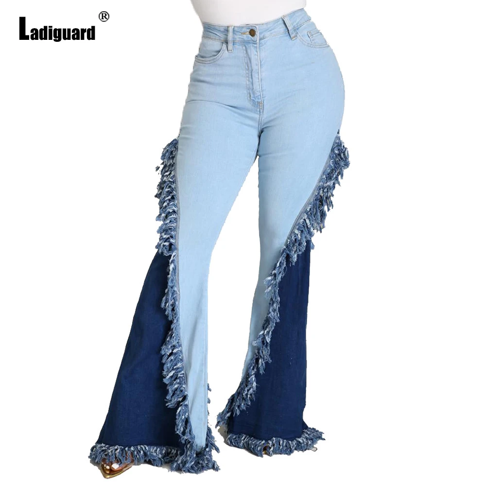 Ladiguard High Cut Women Shredded Demin Pants Sexy Patchwork Ruffles Jeans Wear 2022 African Style Fashion Skinny Demin Trouser