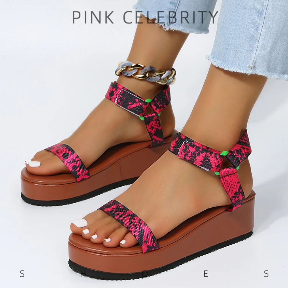 

Summer Women Platform Platform Sandal Large Size One Word with Round Toe Open Toe Velcro Casual Sandals Sandalias De Las Mujeres