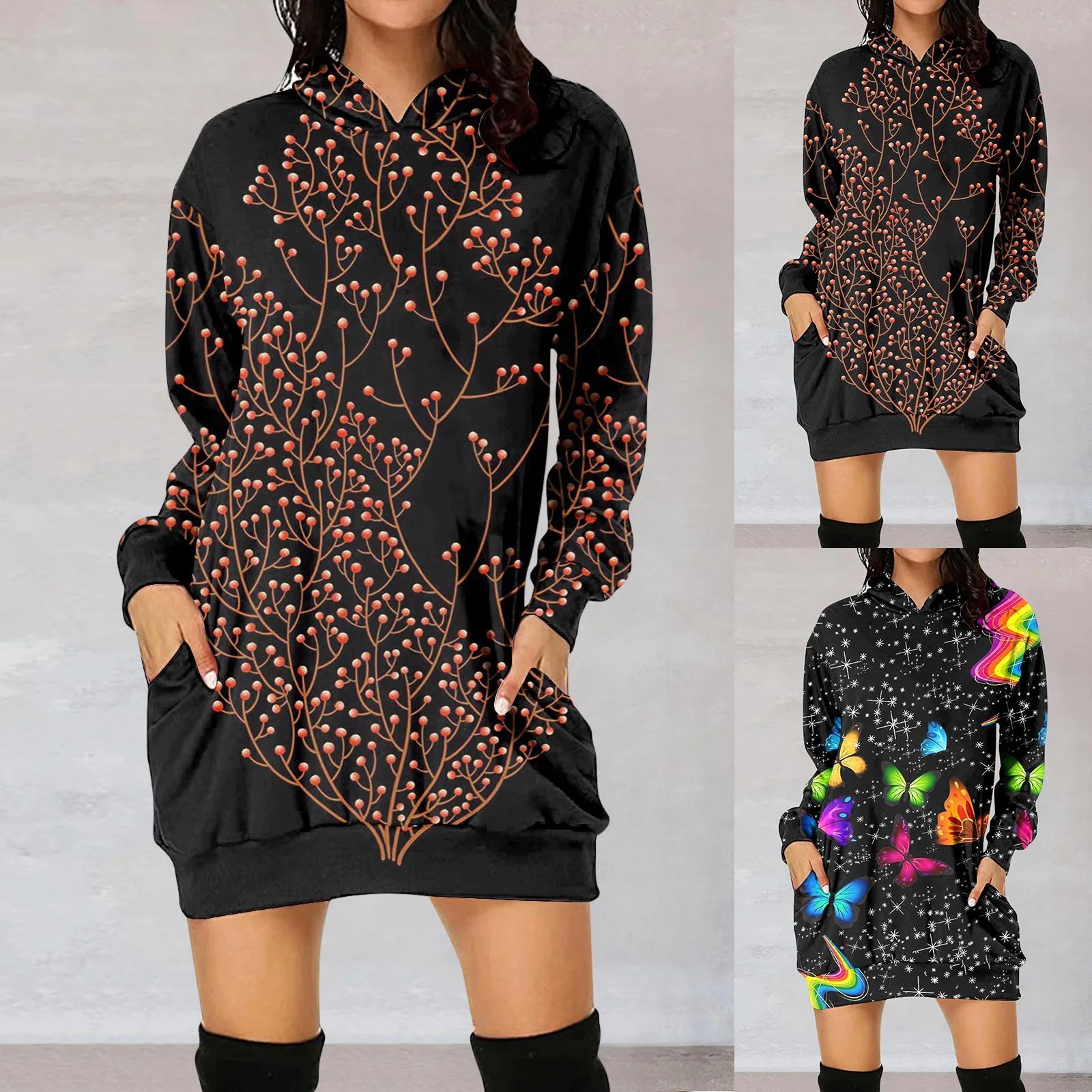 

Женское платье с капюшоном, длинным рукавом и карманами