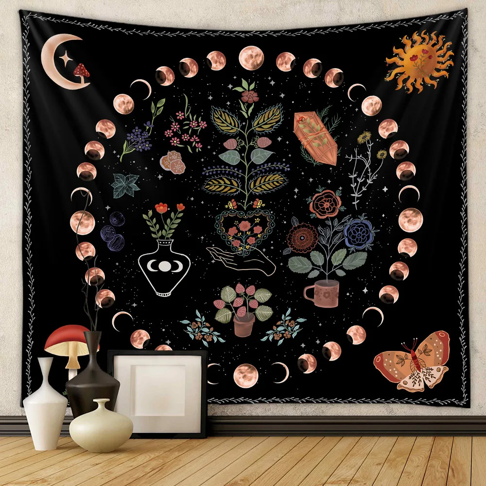 

Moon Phase Tapestry Bohemian Wall Hanging Botanical Celestial Floral Wall Tapestry Hippie Flower Wall Carpets Dorm Decor 95X73CM