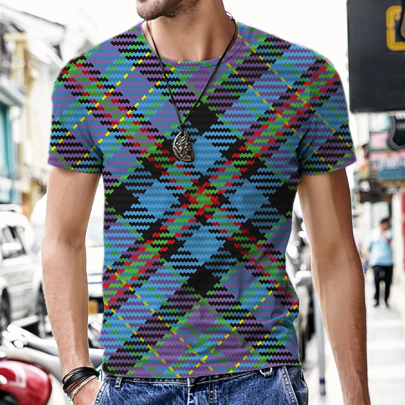

Short Sleeve Men's T-shirts Plaid Stripe Pattern O Neck 2022 New Oversized T-shirt Casual Fashion Hot Tops Street Beach Funny