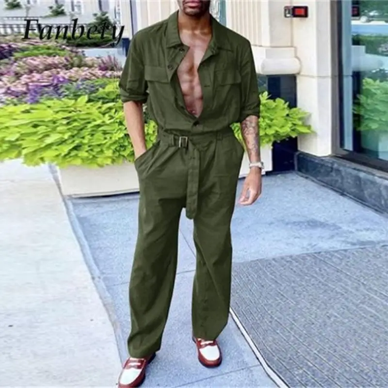 

Комбинезон-карго мужской однотонный, Модный ромпер с отложным воротником и длинными рукавами, одежда для работы в стиле панк с карманами, осень 2023