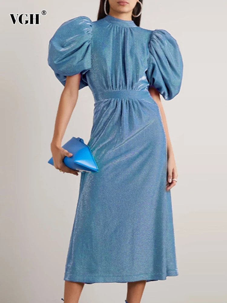 

Женское платье с открытой спиной VGH, платье с воротником-стойкой, пышными рукавами, высокой талией и складками, 2023