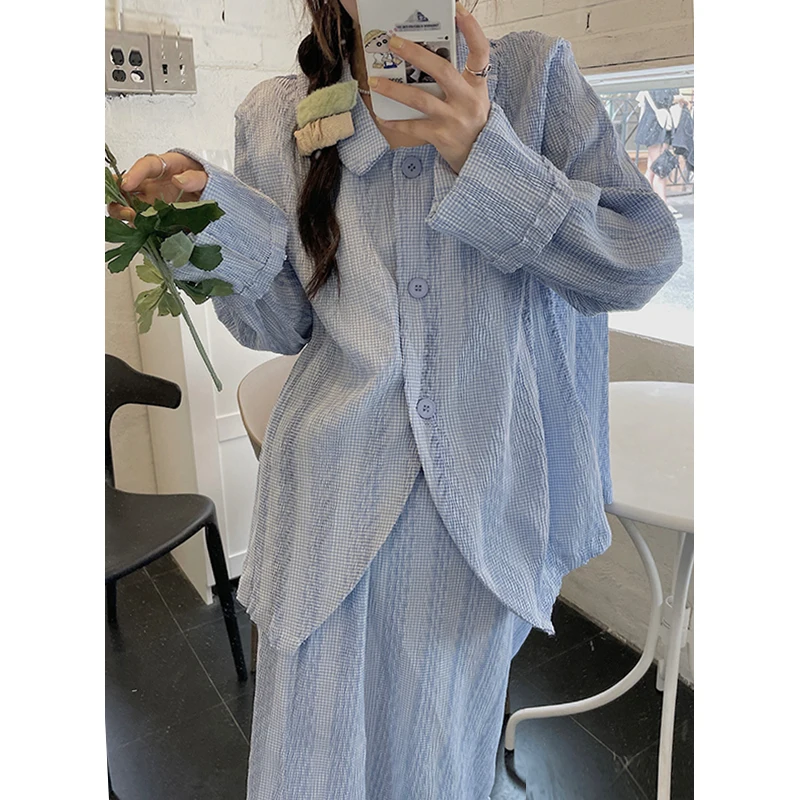 

Clothland Women Elegant Long Sleeve Blouse Suit Two Piece Set Casual Shirt Midi Skirt Pink Blue Casual Sets TZ492