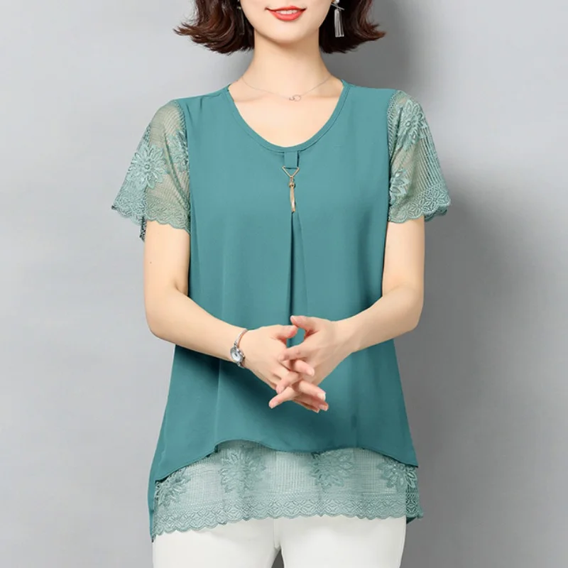 Elegant O-Neck Spliced Gauze Lace Chiffon Blouse Women's Clothing 2023 Spring New Oversized Casual Pullovers Office Lady Shirt