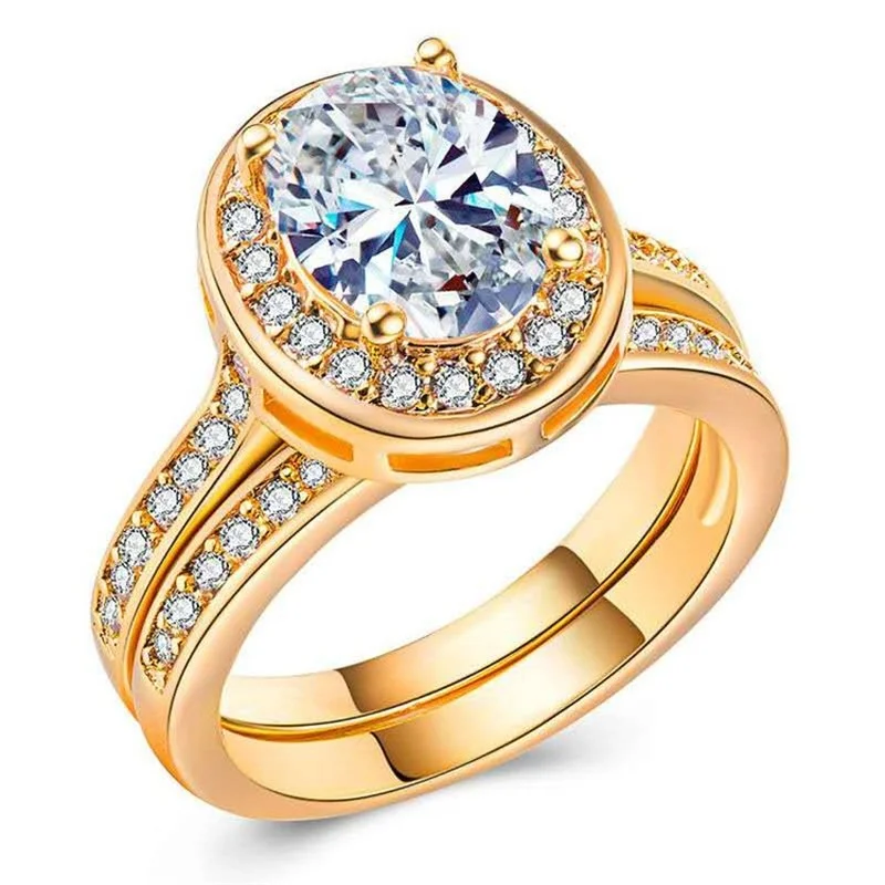 

2 Pcs Unisex Couple Lovers Ring Set Micro Paved White Oval Crystal Rhinestone Zircon for Women Party Jewelry Size 5-12