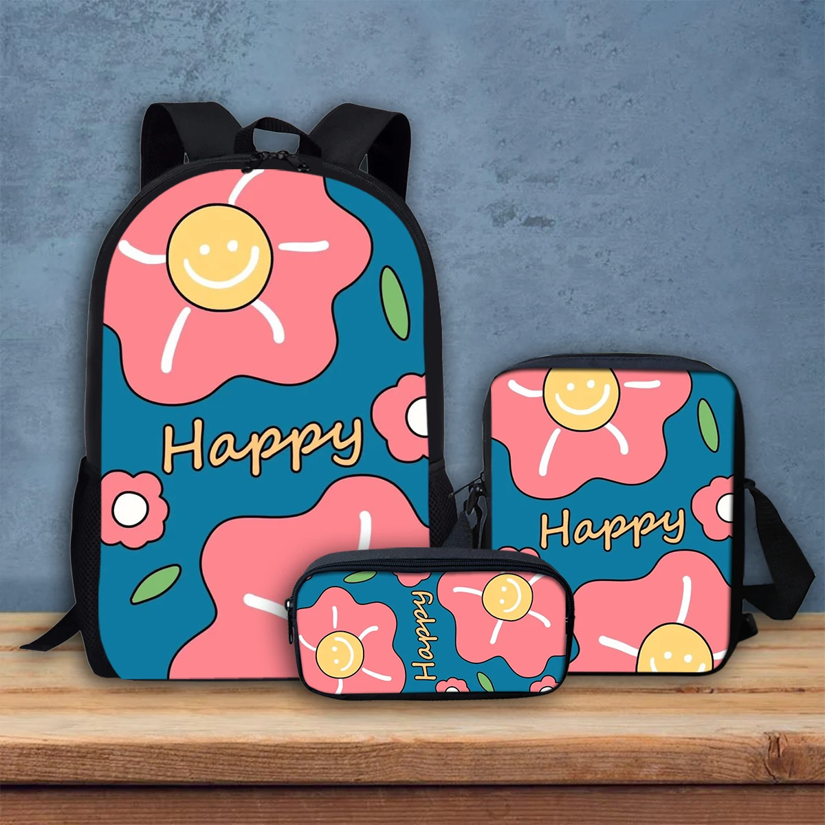 

Flower Cartoon Printed Crossbody Bag Casual Portable Pencil Box for Student Kawaii Style Durable Children Backpack Teen 3Pcs/Set