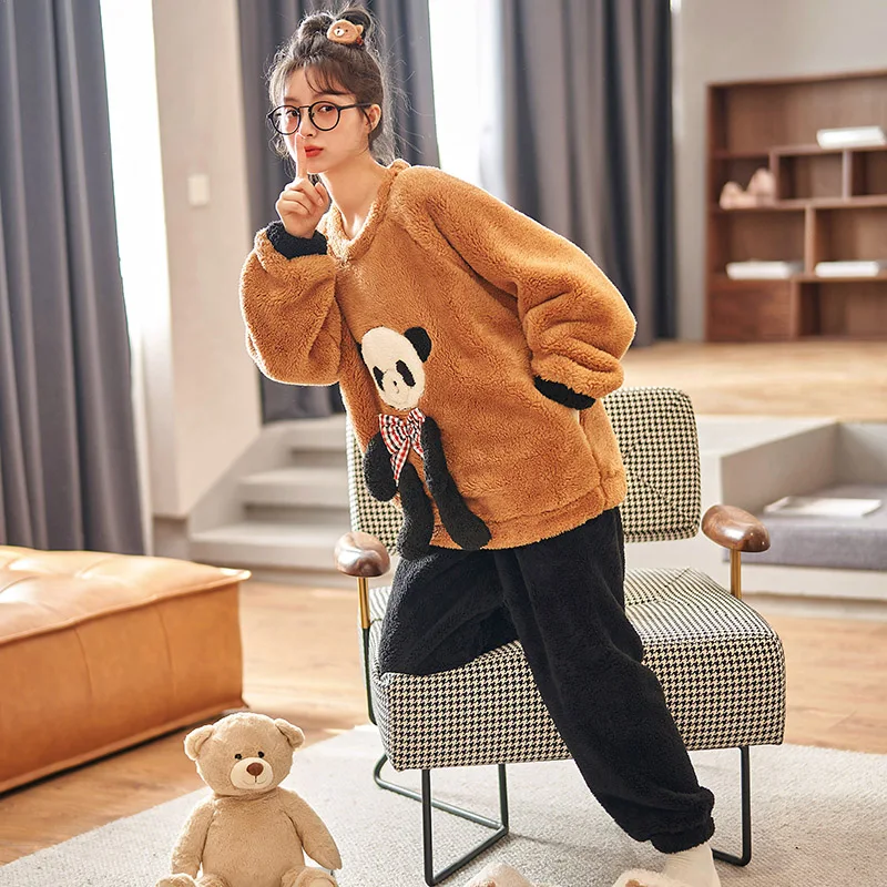Winter Pajamas Coral Fleece Loose Version Pajama Set Inspissate Flannel Women Sleepwear Pullover Plus Size Cartoon Plush