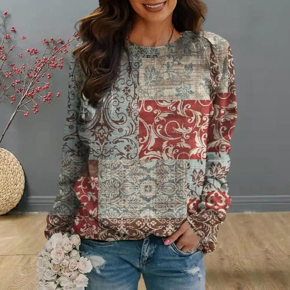 

Women Fall Clothing Vintage Feather Print Sweatshirt Women's Loose Pullover with Warm Colorfast Elastic Cuffs Stylish