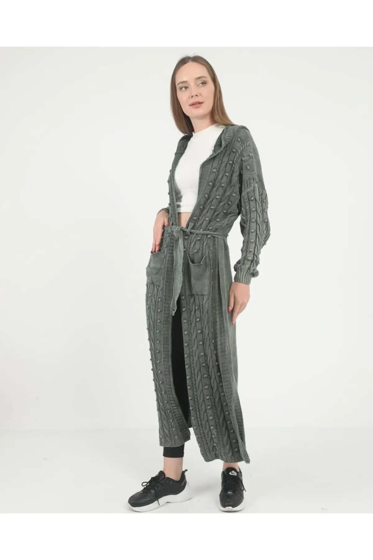 

Женский кардиган, оригинальная спортивная одежда, вязаные зеленые свитеры с капюшоном и поясом из 100% хлопка