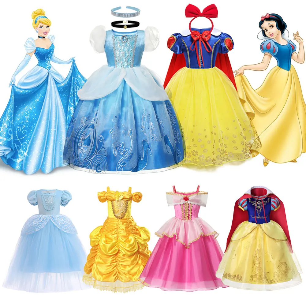Disney Princess Dress Suit Charm for Girls Cosplay Cinderella Belle Aurora Snow White Mesh Ball Gown Carnival Birthday Costume