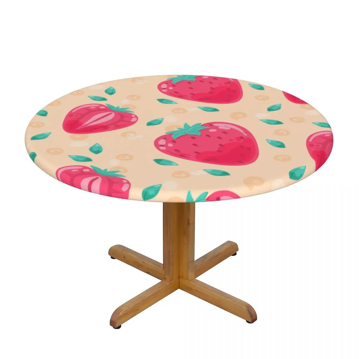 

Pink Strawberry Waterproof Polyester Round Tablecloth Catering Fitted Table Cover with Elastic Edged