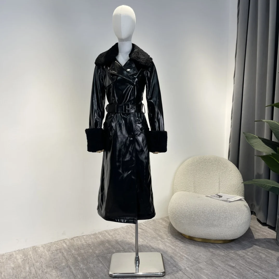 2023 New Arrival Autumn Winter Top Quality Casual Black Faux Leather Long Jacket Full Sleeve Windbreakers Women