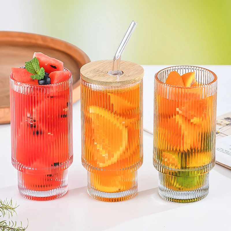 Винтажные стеклянные стаканы 350 мл со стандартным цветом и соломинкой холодные