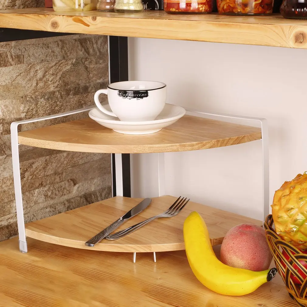 

2 Layer Kitchen Solid Wood Stand Fan Shaped Corner Shelf Spice Racks Storage Glass Jar Seasoning Bottles Flavoring Organizer