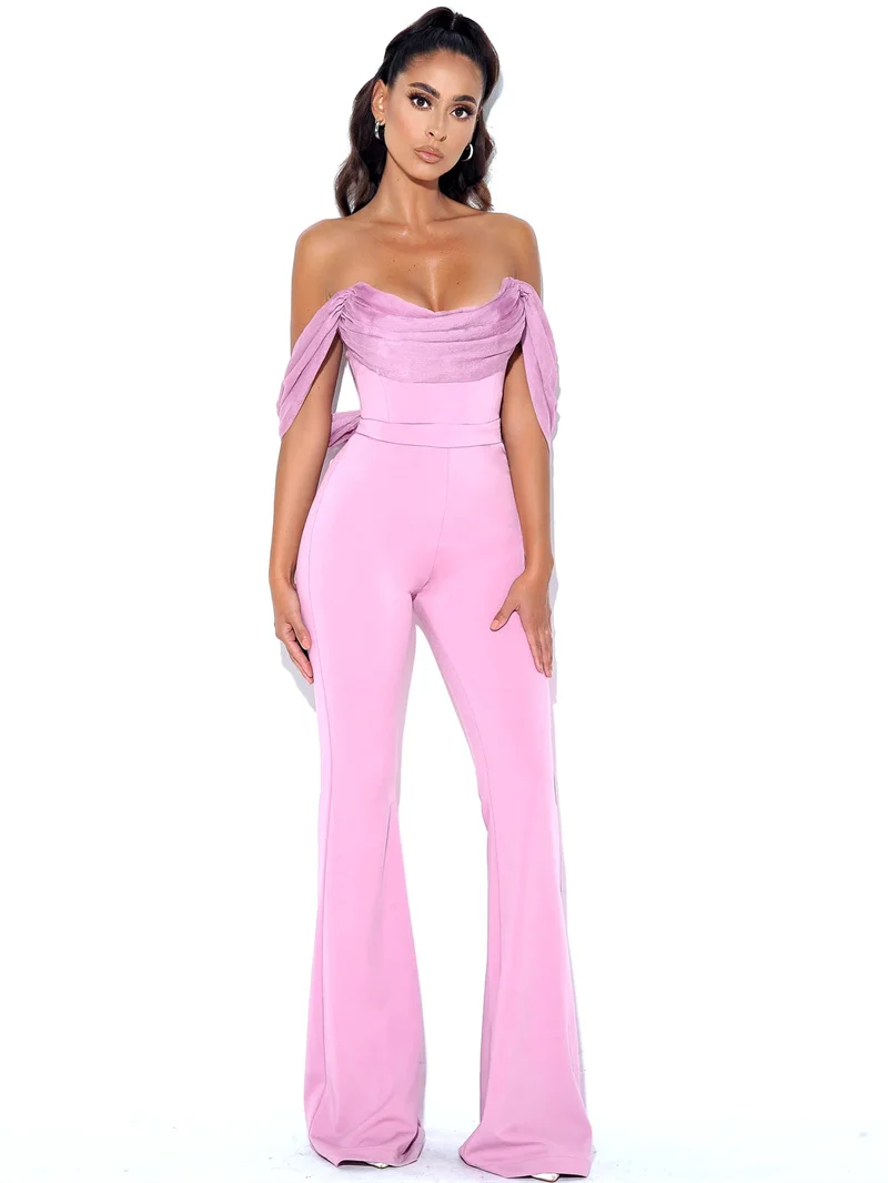 

High Quality White Pink Sexy Off Shoulder Sleeveless Bodycon Jumpsuit Elegant Women Fashions Party Wear