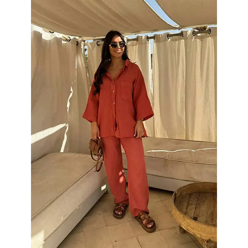 Elegant Green Pocket Buttons Shirt Sets For Women Solid Long Sleeve Tops Wide Leg Pant Suits 2024 New Female High Street Outfits