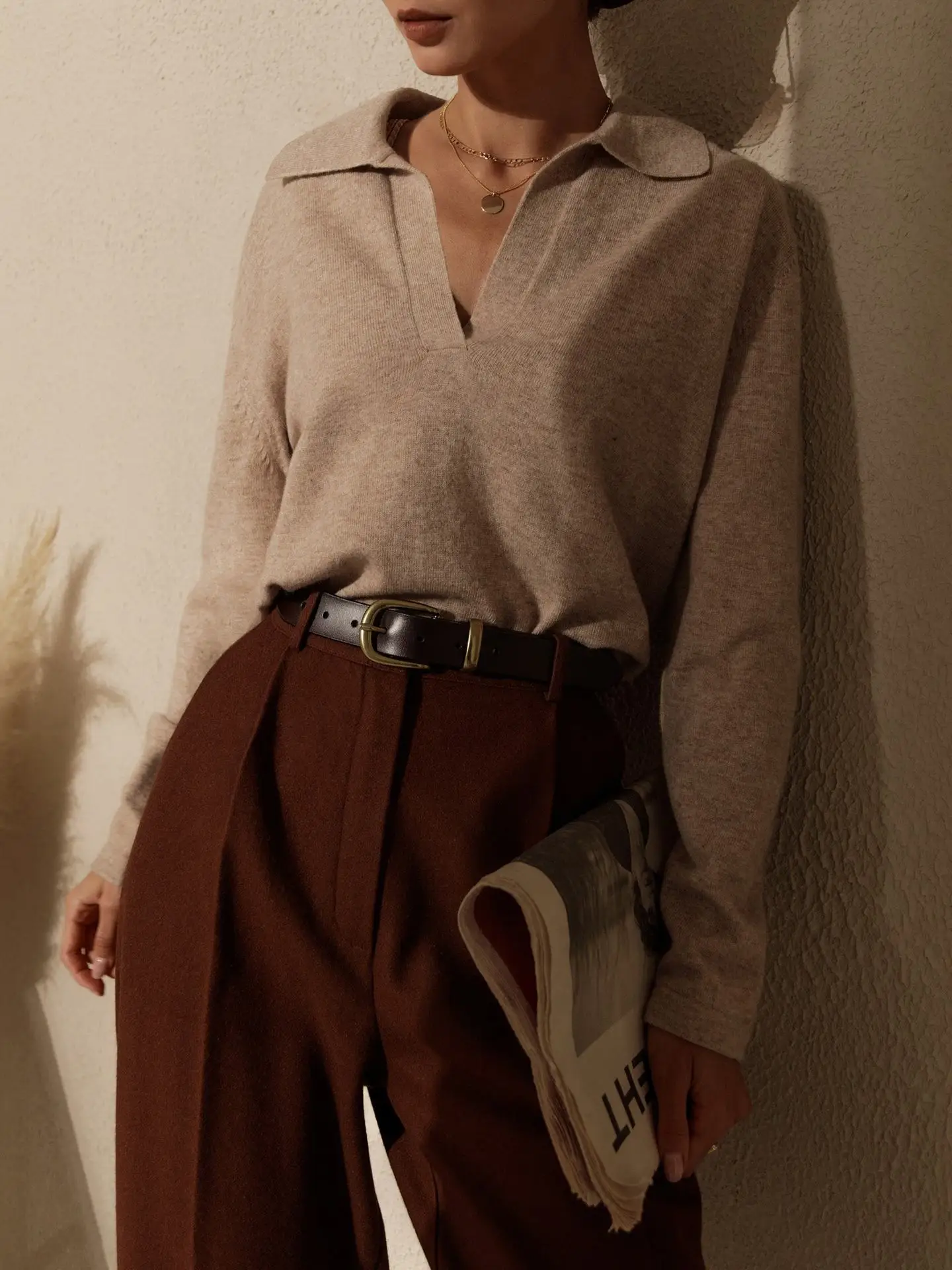 

Женский трикотажный свитер-поло, однотонный Повседневный пуловер-поло с отложным воротником и V-образным вырезом, Модная трикотажная одежда с длинным рукавом, джемпер, осень 2023