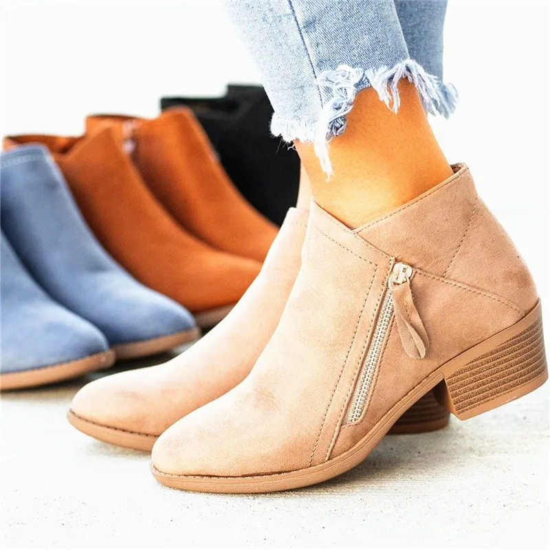 

New Women Autumn Winter Flock Ankle Boots Slip-on Round Toe 3.5cm Square Heel Solid Casual Black Camel Booties Size 35-43