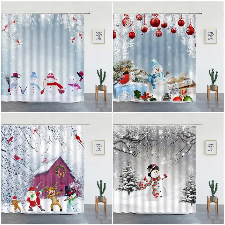 

Зимние рождественские занавески для душа, мультяшный снеговик, Санта-Клаус, ферма, птицы, лес, пейзаж, Рождественский Декор для ванной комнаты, искусство