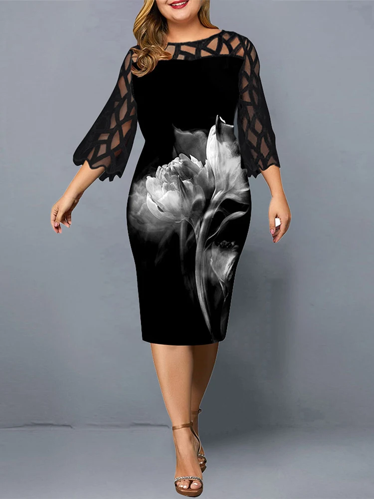 

Plus Size 5XL Midi Bodycon Dress Womens Printed Evening Cocktail Party Dresses Elegant Ladies Knee Length Summer Outfits A30