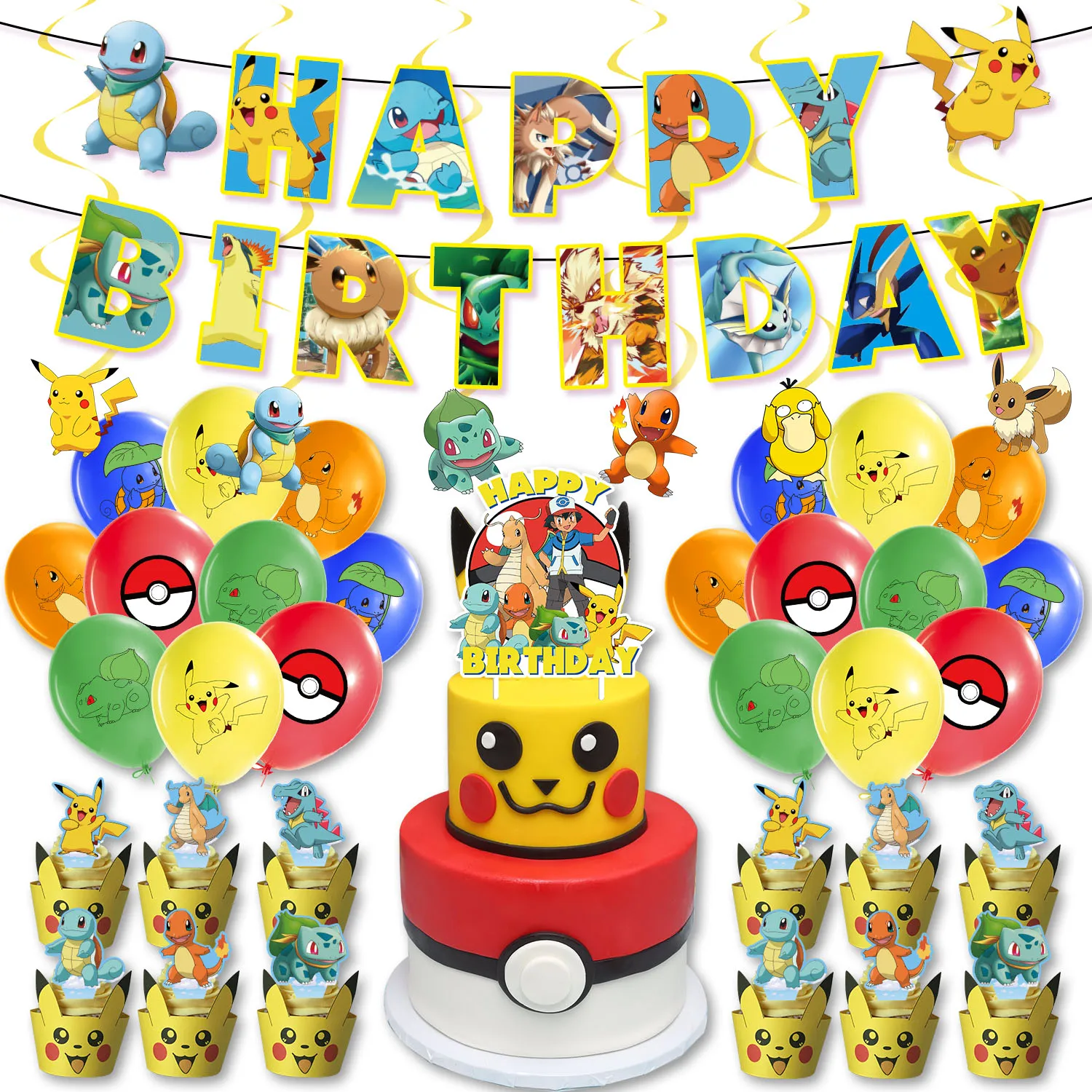 

Pokemon Birthday Party Decorations Pikachu Balloons Banner Caketopper For Kids Boy Pikachu Cartoons Party Supplies