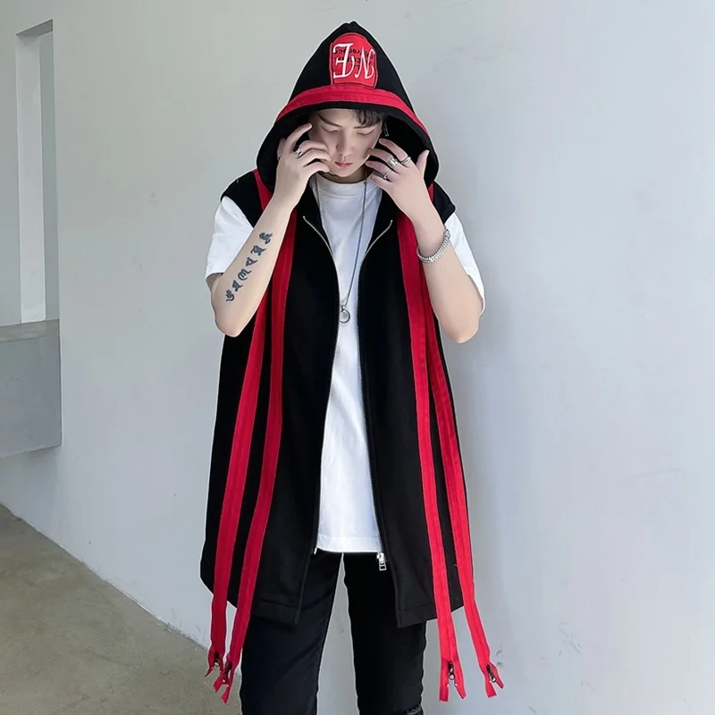 

Spring Summer New Fashion Men Zipper Decoration Hooded Vest Outerwear Male Handsome Trendy Waistcoat Brand Hip-hop Show Jacket